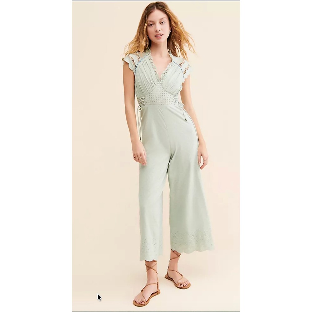 Free People Conditions Apply Ameilee Sage Green Eyelet Lace Up Wide Leg Jumpsuit